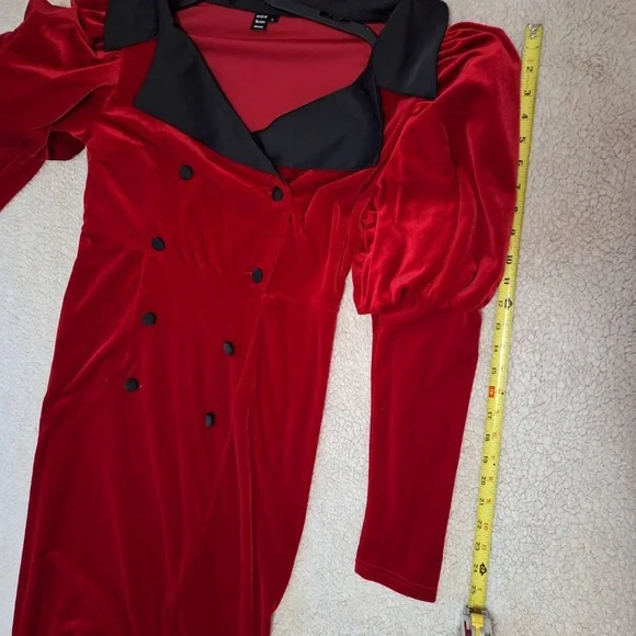 SHEIN Modely Puff Long Sleeve Velour Midi Red Dress w/Satiny Black Collar, Sz XL - Picture 11 of 15